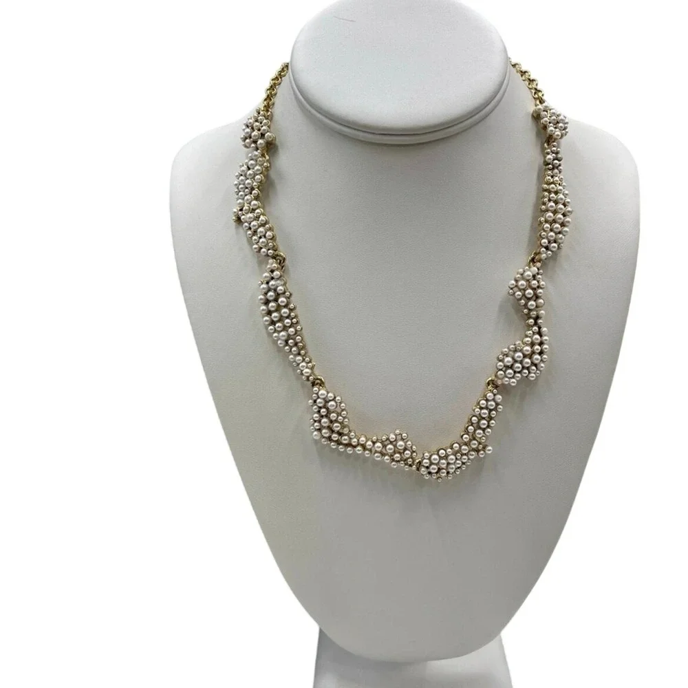 Oscar de la Renta Crystal Torn Paper Pearl Glamour Antique Gold Tone Necklace - Picture 2 of 12